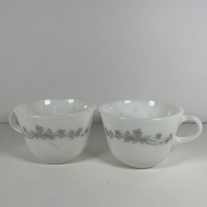 Vintage Pyrex Corning Ware Coffee Cups Lot Of 2 Gray Ribbon Floral